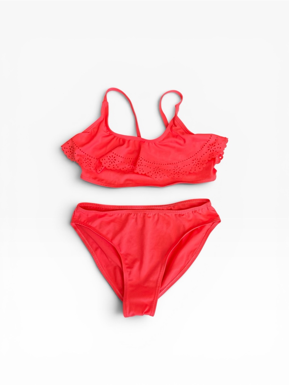 Girls Neon Orange Eyelet Ruffle Bikini Set